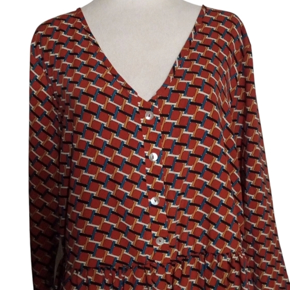 Entro Multicolor Geometric Print Peplum Blouse Long Sleeve Button Front Large - Picture 2 of 9